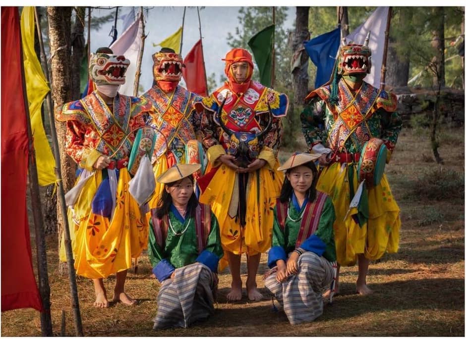Masked dancers performing during a Bhutanese Tshechu festival