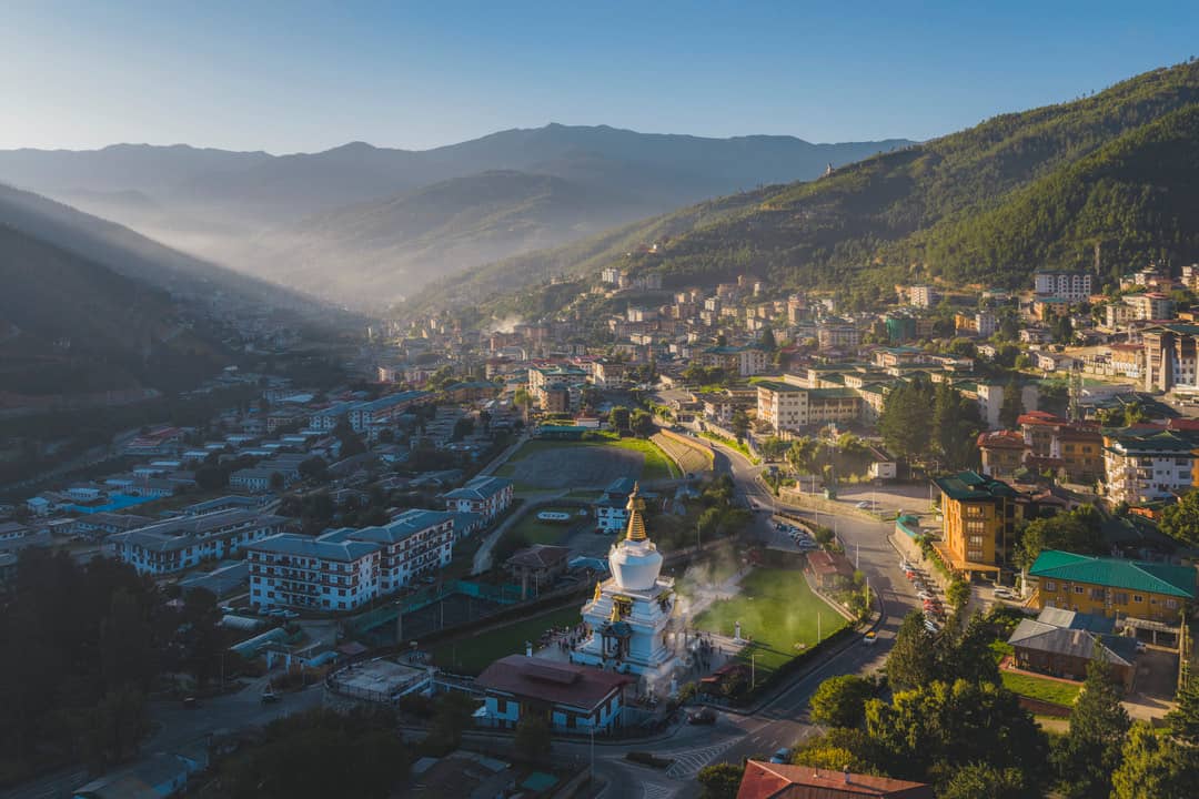 National Memorial Chorten set within Thimphu and its surrounding mountains