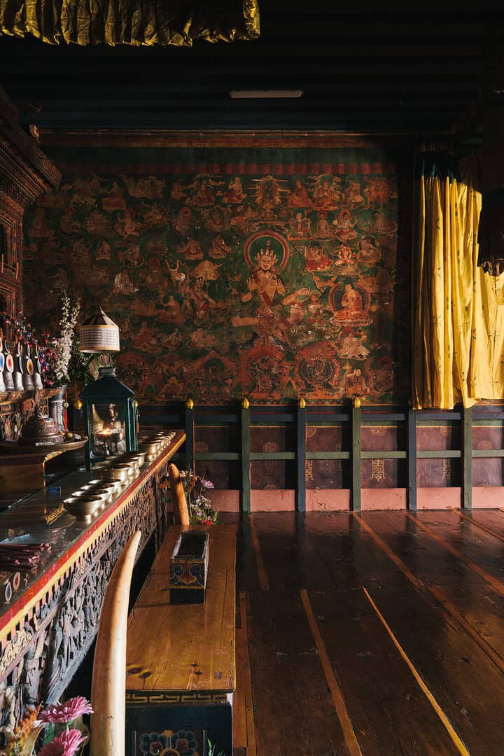 A richly painted sacred interior at Ogyen Choling in Bumthang