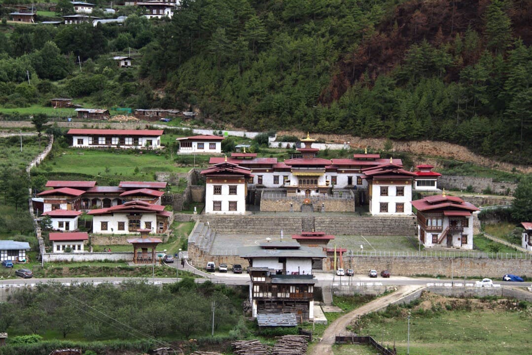 Lhakhang Karpo temple complex set within the green Haa Valley