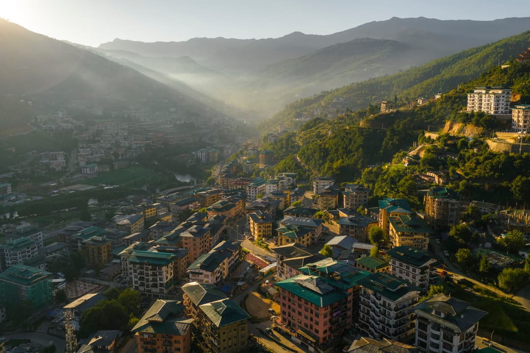 Thimphu city spread through its mountain valley in morning light